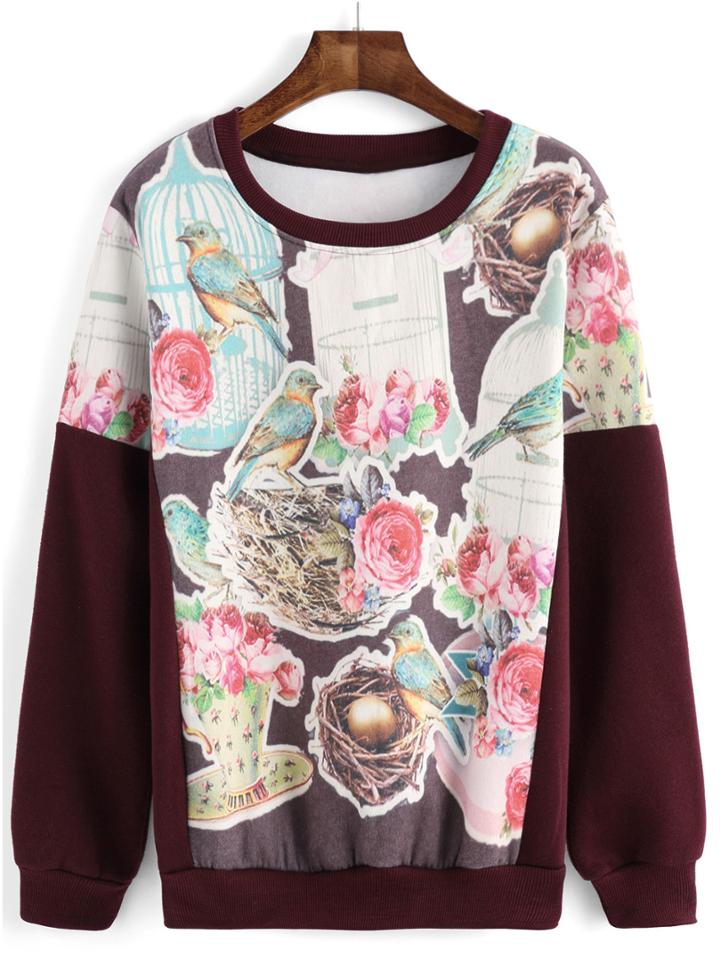 Romwe Round Neck Bird Flower Print Sweatshirt
