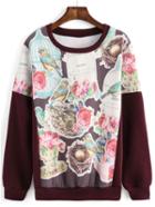 Romwe Round Neck Bird Flower Print Sweatshirt