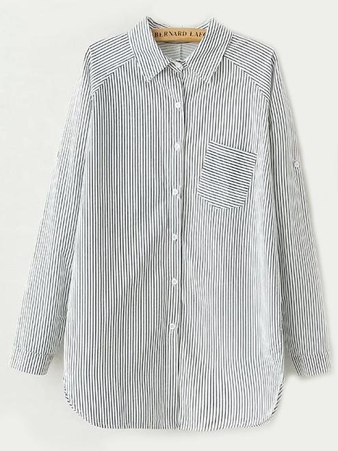 Romwe Vertical Striped Pocket Blue Blouse