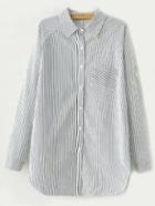 Romwe Vertical Striped Pocket Blue Blouse