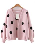 Romwe Pink Polka Dot Lantern Sleeve Sweater Coat