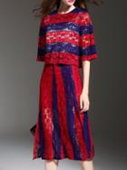 Romwe Red Navy Color Block Lace Top With Split Skirt