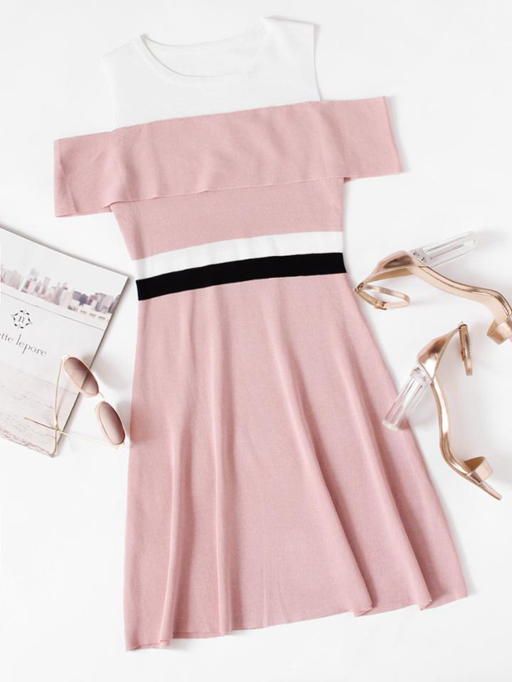 Romwe Open Shoulder Layered Striped Waist Dress