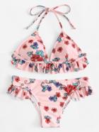 Romwe Flower Print Ruffle Hem Bikini Set