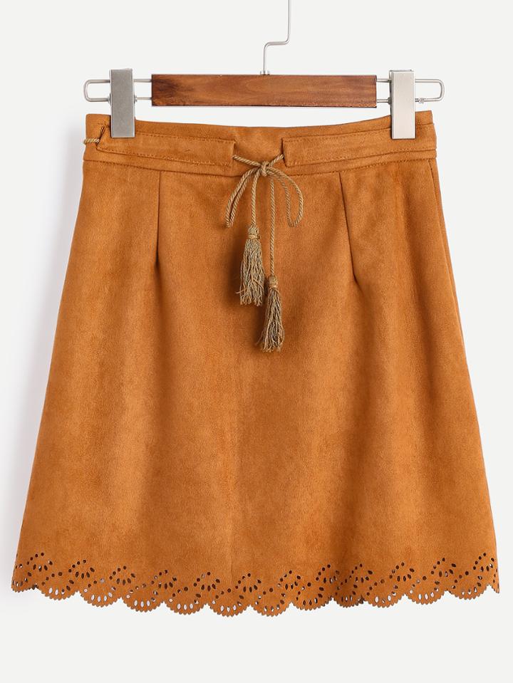 Romwe Brown Eyelet Scalloped Hem Fringe Suede Skirt