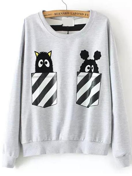 Romwe Monster Print Striped Pocket Grey Sweatshirt