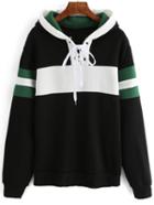 Romwe Hooded Striped Lace Up Black Sweatshirt