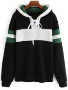 Romwe Hooded Striped Lace Up Black Sweatshirt