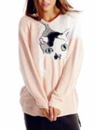 Romwe Cat Pattern Fuzzy Pink Sweater