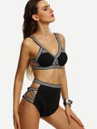 Romwe Black Striped Trim Caged Bikini Set