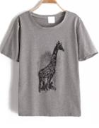 Romwe Dip Hem Giraffe Print Grey T-shirt