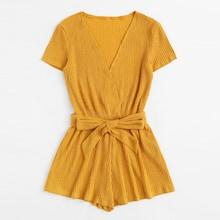 Romwe Plus Surplice Front Ribbed Belted Romper