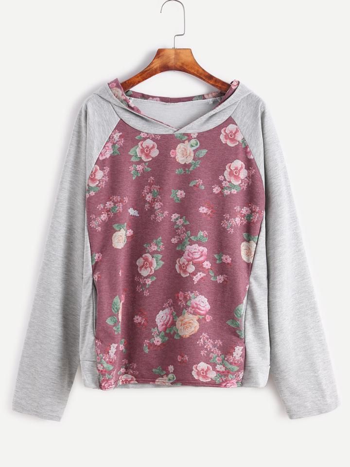 Romwe Contrast Flower Print Raglan Sleeve Hooded Sweatshirt