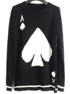 Romwe A Poker Print Striped Trim Black Sweater