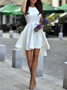 Romwe White Sleeveless Asymmetric Hem Flare Dress