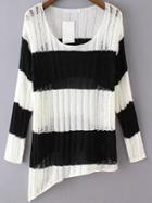 Romwe Striped Open-knit Asymmetrical Black Sweater