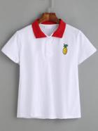 Romwe White Contrast Collar Pineapple Embroidered Polo Shirt