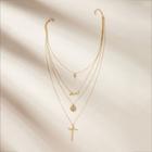 Romwe Cross & Textured Disc Pendant Layered Necklace 1pc