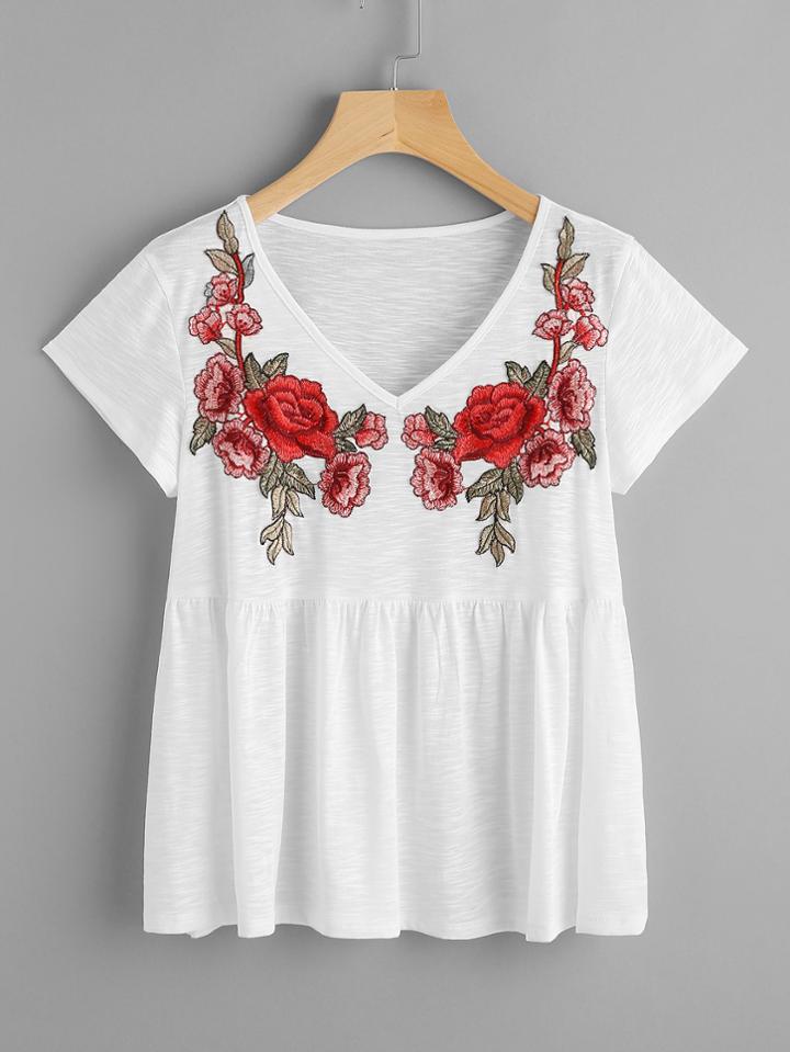 Romwe Rose Embroidered Applique Slub Frill Tee