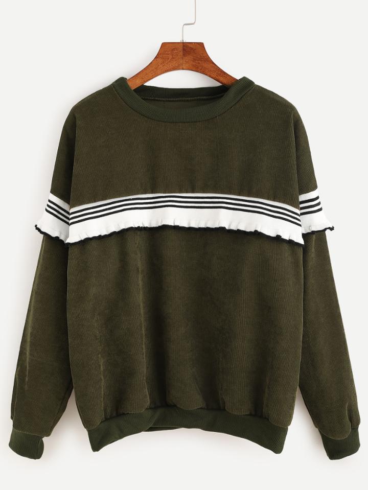 Romwe Dark Green Corduroy Striped Ruffle Trim Sweatshirt
