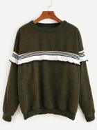 Romwe Dark Green Corduroy Striped Ruffle Trim Sweatshirt