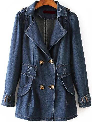 Romwe Lapel Double Breasted Scratch Denim Coat