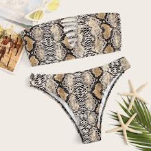 Romwe Snakeskin Ladder Cutout Bandeau Bikini Set