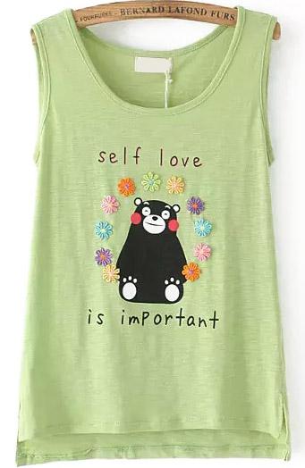 Romwe Dip Hem Bear Print Embroidered Green Tank Top