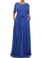 Romwe Round Neck Belt Maxi Blue Dress