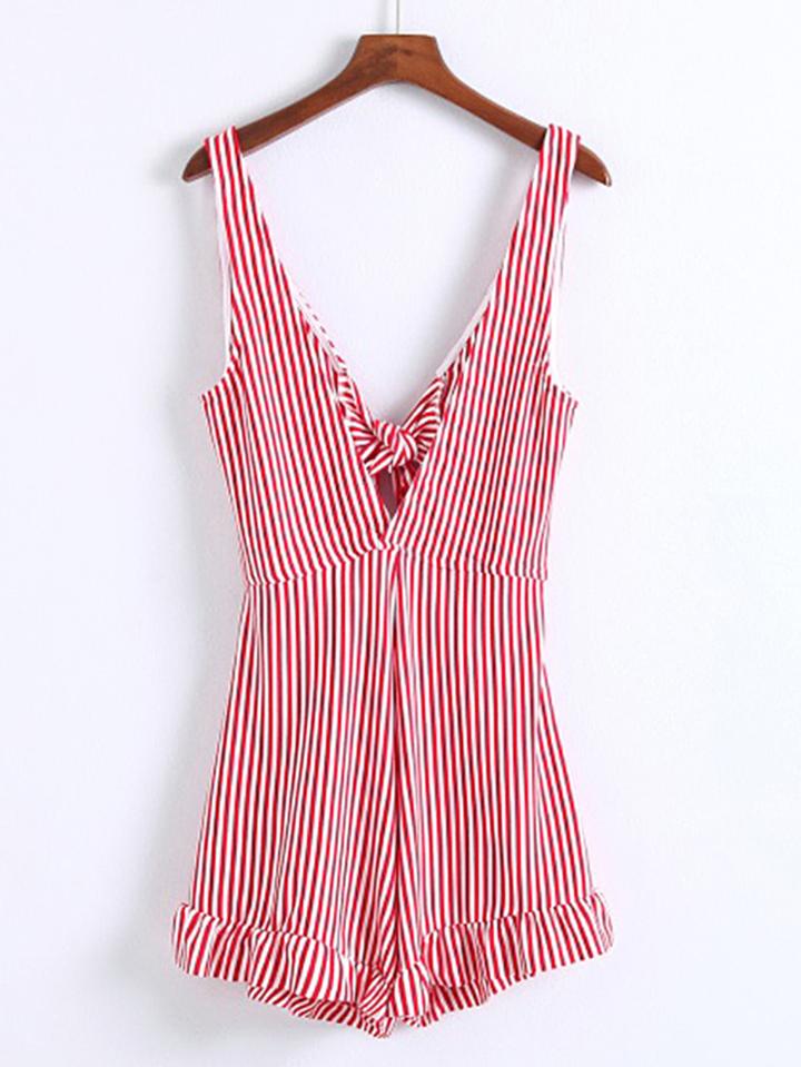 Romwe Plunge Bow Tie Open Back Playsuit
