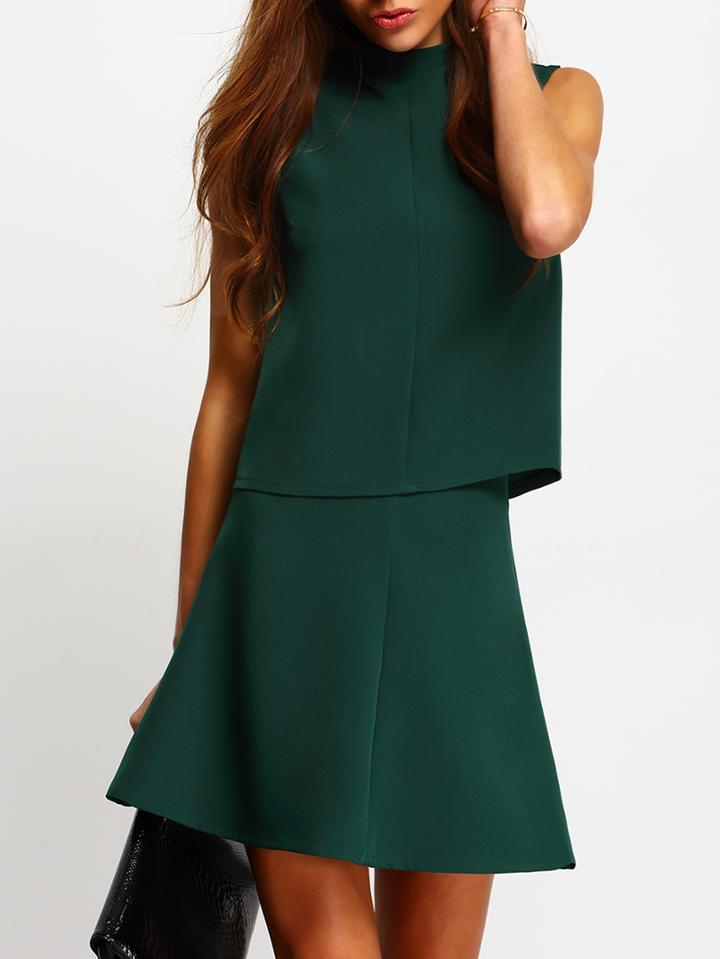 Romwe Polo Neck Sleeveless Top With A-line Skirt