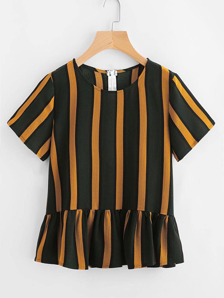 Romwe Vertical Striped Zip Back Frill Hem Blouse
