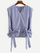 Romwe Blue Vertical Striped Side Tie Blouse