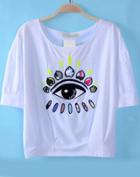 Romwe White Batwing Short Sleeve Eye Embroidered T-shirt