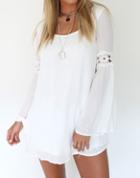 Romwe White Long Sleeve Floral Crochet Backless Dress