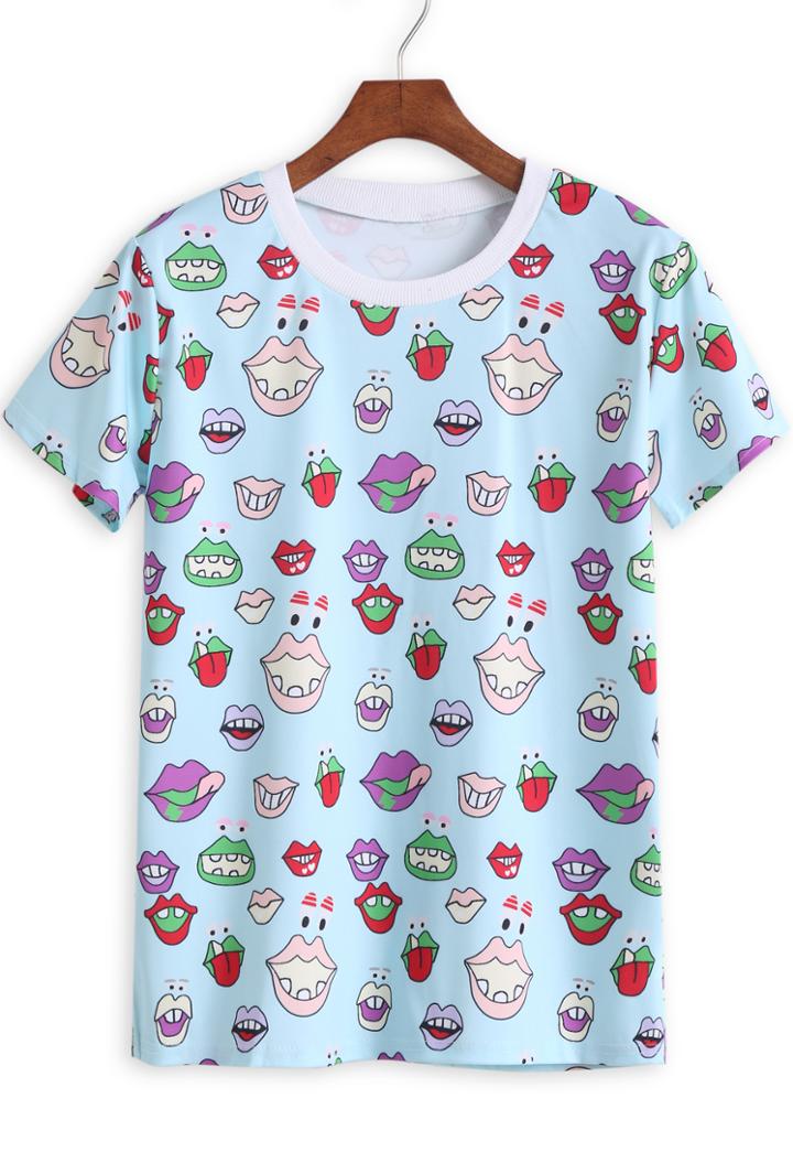 Romwe Blue Short Sleeve Mouth Print T-shirt