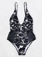 Romwe Side Mesh Plunging Neckline Swimsuit