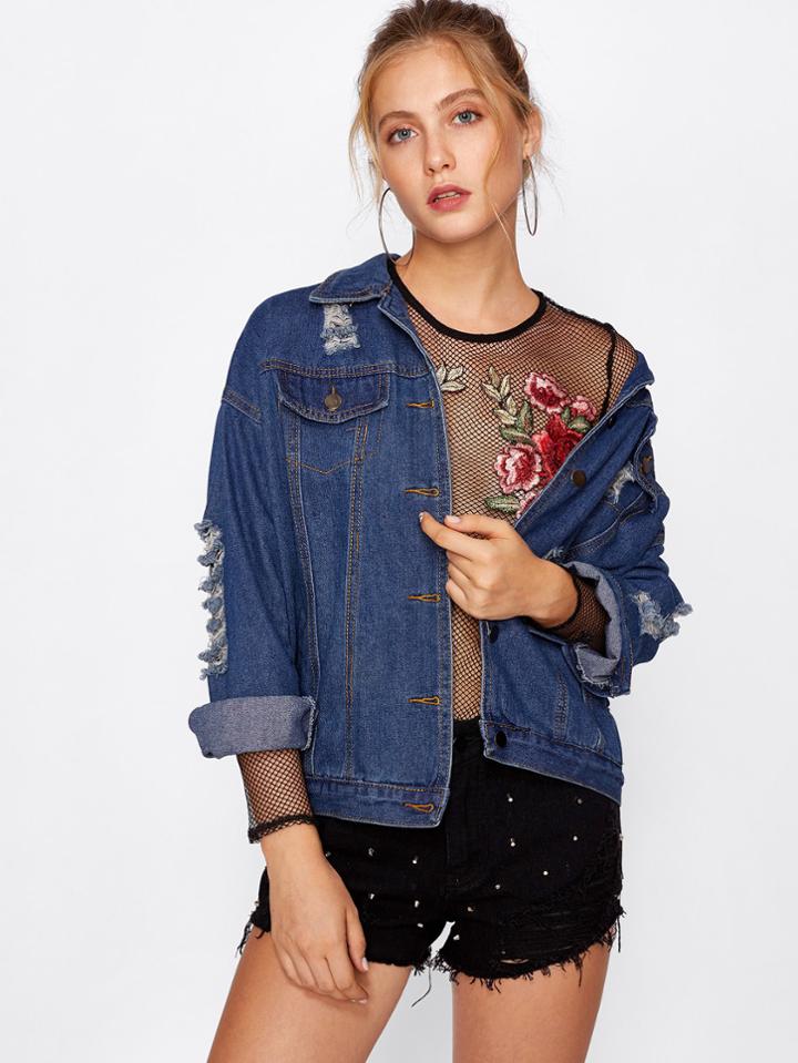 Romwe Ladder Cutout Ripped Denim Jacket