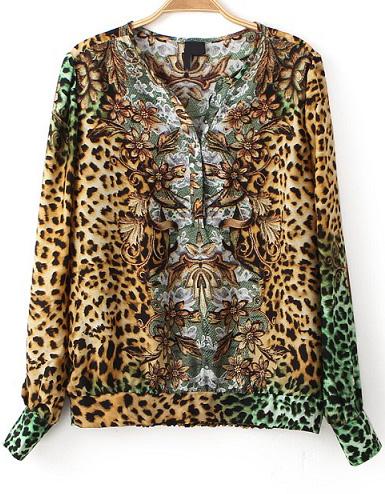 Romwe Leopard Print V Neck Chiffon Blouse
