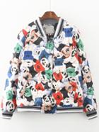 Romwe Striped Trim Cartoon Print Down Jacket