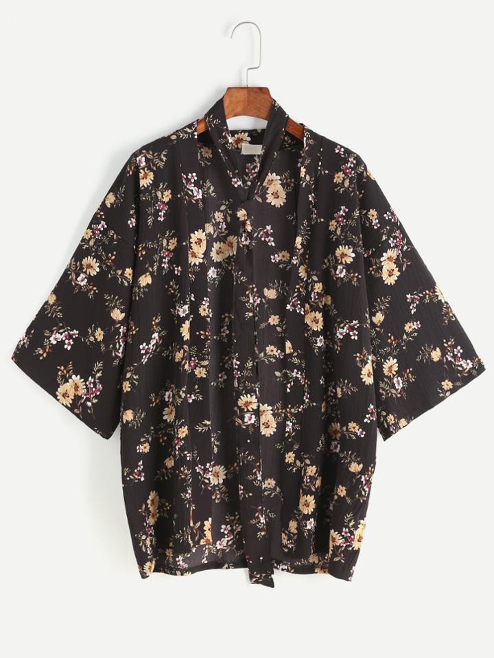 Romwe Floral Print Top With Belt