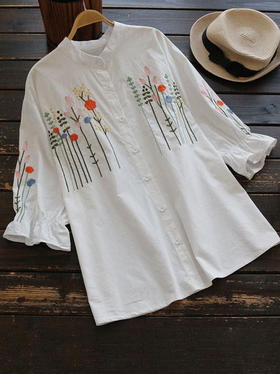 Romwe Stand Collar Speaker Sleeve Floral Embroidered  Blouse
