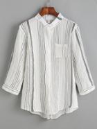 Romwe White Striped Pocket Front Crinkle Blouse