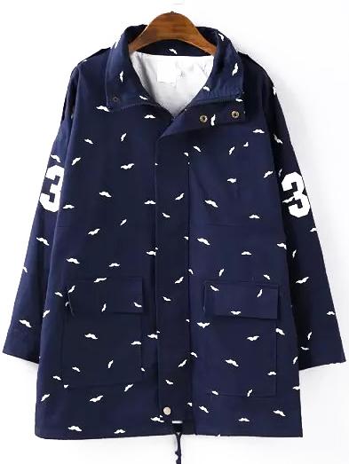 Romwe Stand Collar Moustache Print Navy Coat