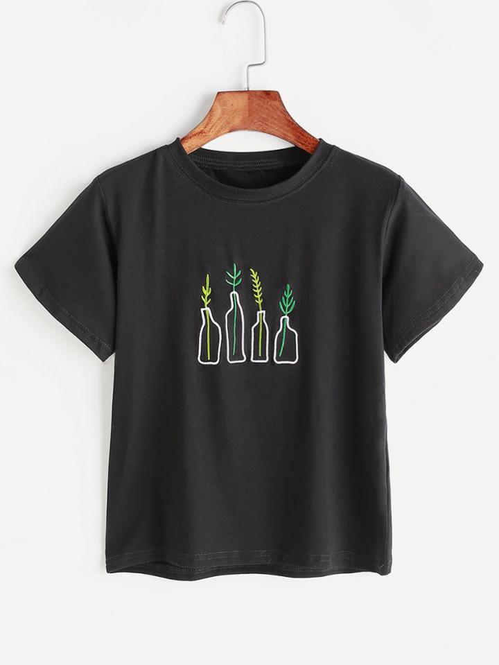 Romwe White Plant Embroidery T-shirt