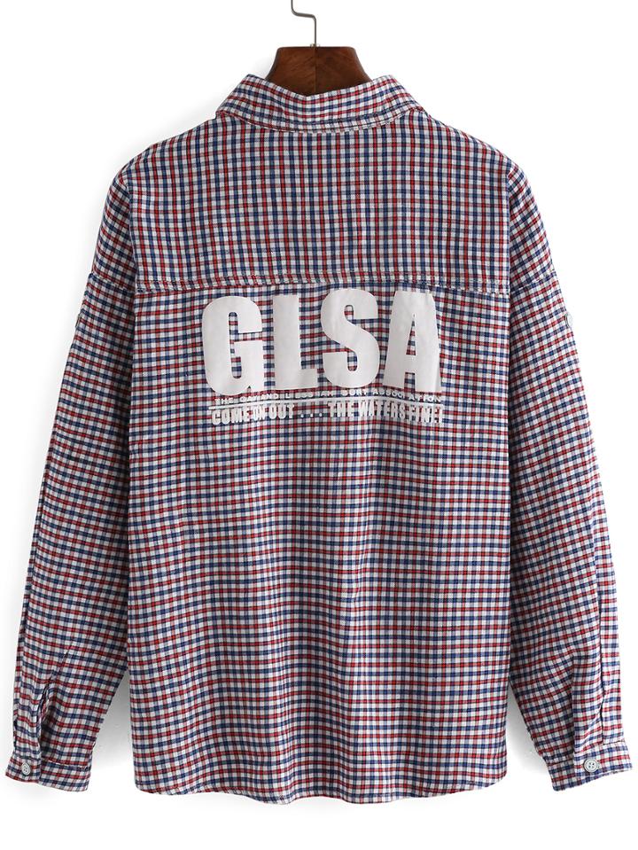 Romwe Plaid Letter Print Blouse With Pockets