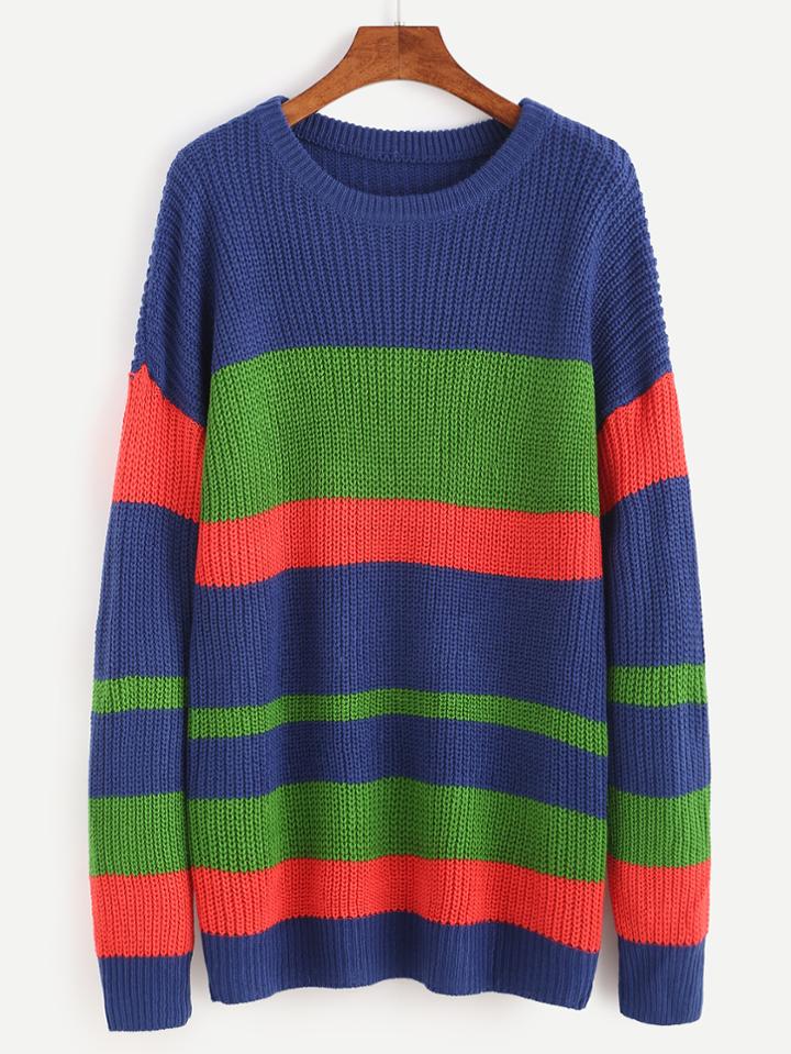 Romwe Color Block Striped Drop Shoulder Sweater