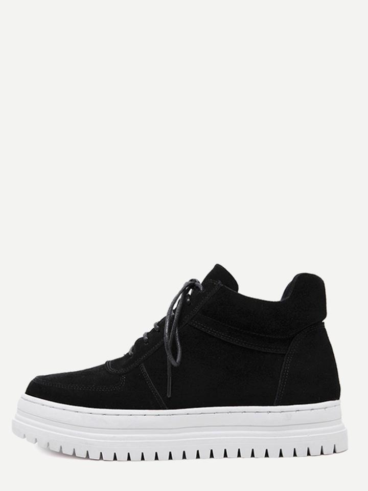 Romwe Black Plush Leather Lace Up Flatform Sneakers