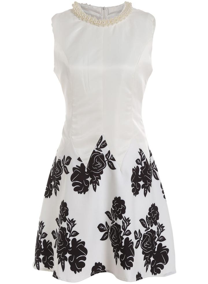 Romwe With Pearl Flower Print White Dress