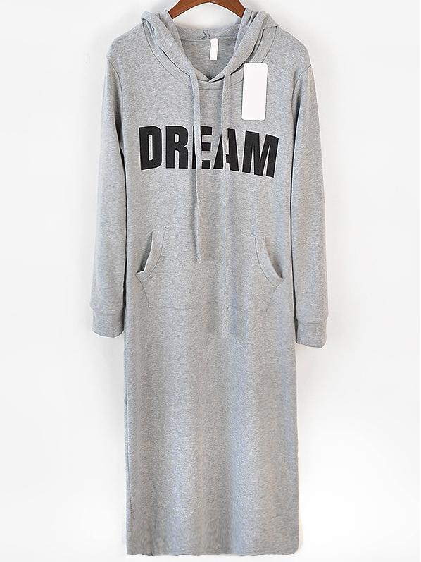 Romwe Hooded Letter Print Grey Sweatshirt Dress